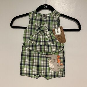 Baby Rebels Romper With Matching Hat Plaid Zoo Dinosaur Size 6/9M Cotton